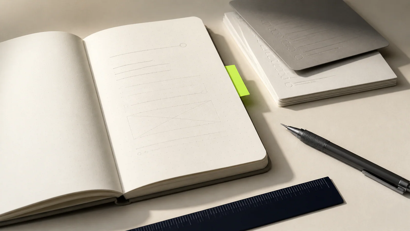 Caderno aberto com notas de processo e materiais de trabalho
