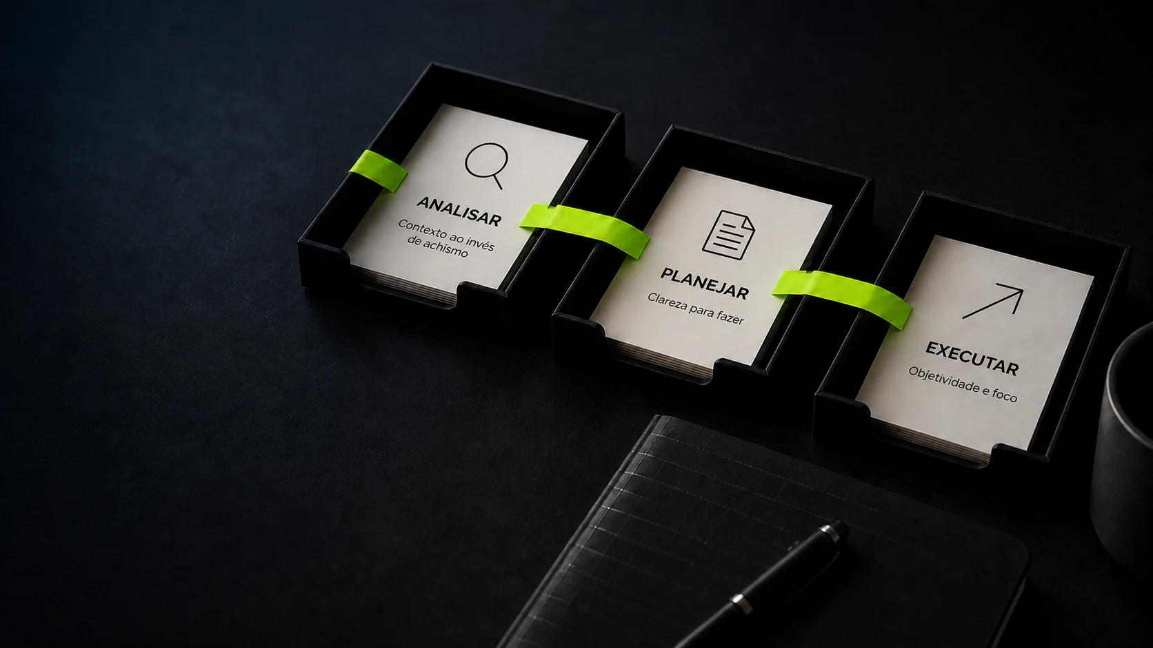 Marketing, Vendas e Atendimento alinhados à operação de receita. Dados apoiam as decisões; tecnologia é um meio, com processos claros e equipe preparada.